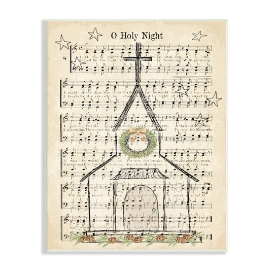 Stupell Industries Festive Winter Church Holy Night Musical Script Wall Plaque